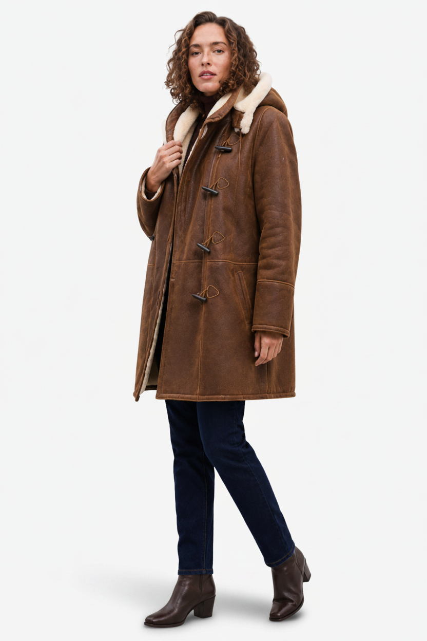 VALERIQUE | Manteau Effet Peau Lainée pour Femme – Capuche Fermetures à Brandebourgs Coupe Longue