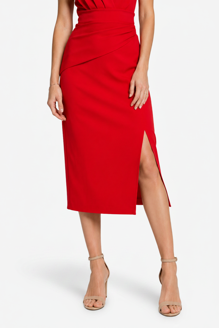 VALERIQUE | Robe Ajustée Midi pour Femme – Col V et Taille Drapée avec Fente