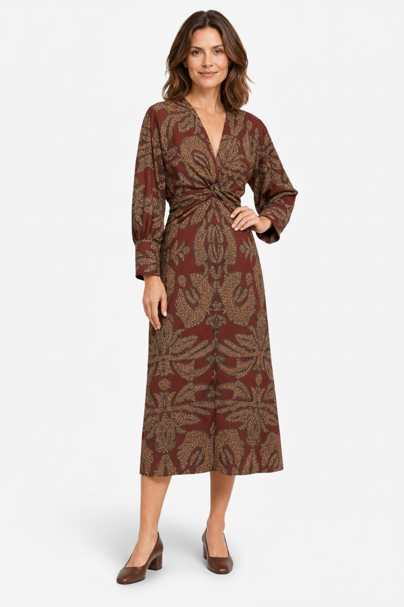 VALERIQUE | Robe Midi Portefeuille en Coton Léger à Imprimé Feuilles pour Femme – Col V