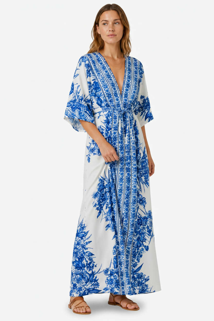 VALERIQUE | Robe Maxi Fleurie Bleue pour Femme – Manches Kimono