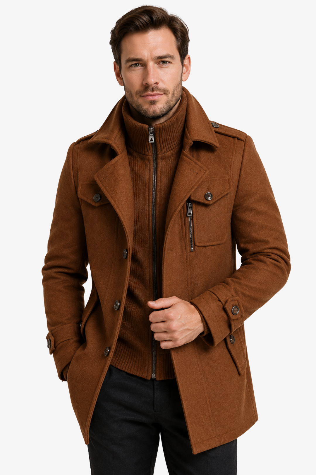 VALERIQUE | Manteau Deux Pièces pour Homme – Col Haut Superposé Design Ajusté