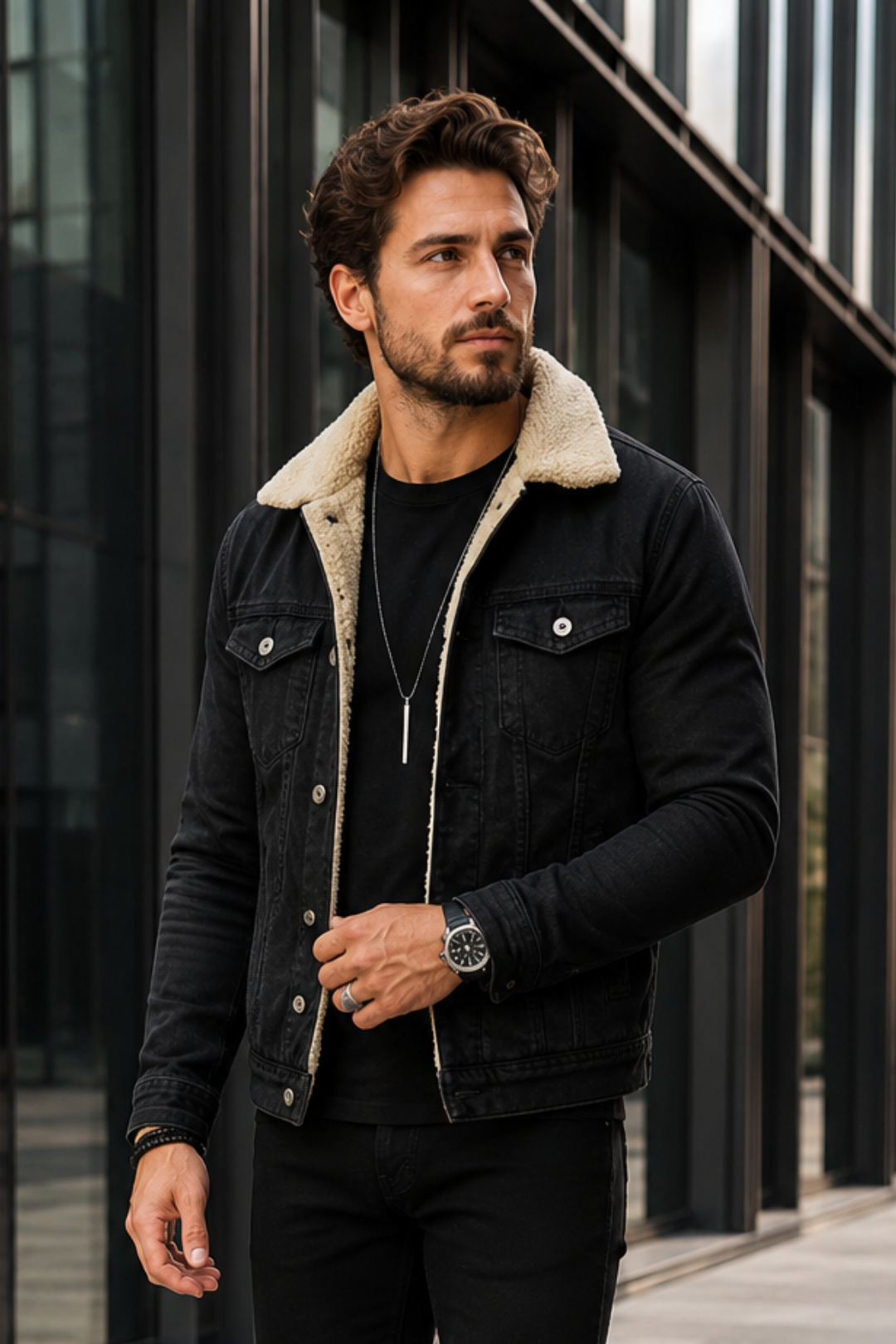 VALERIQUE | Veste en Jean pour Homme – Col Sherpa Fermeture Boutonnée Design Décontracté