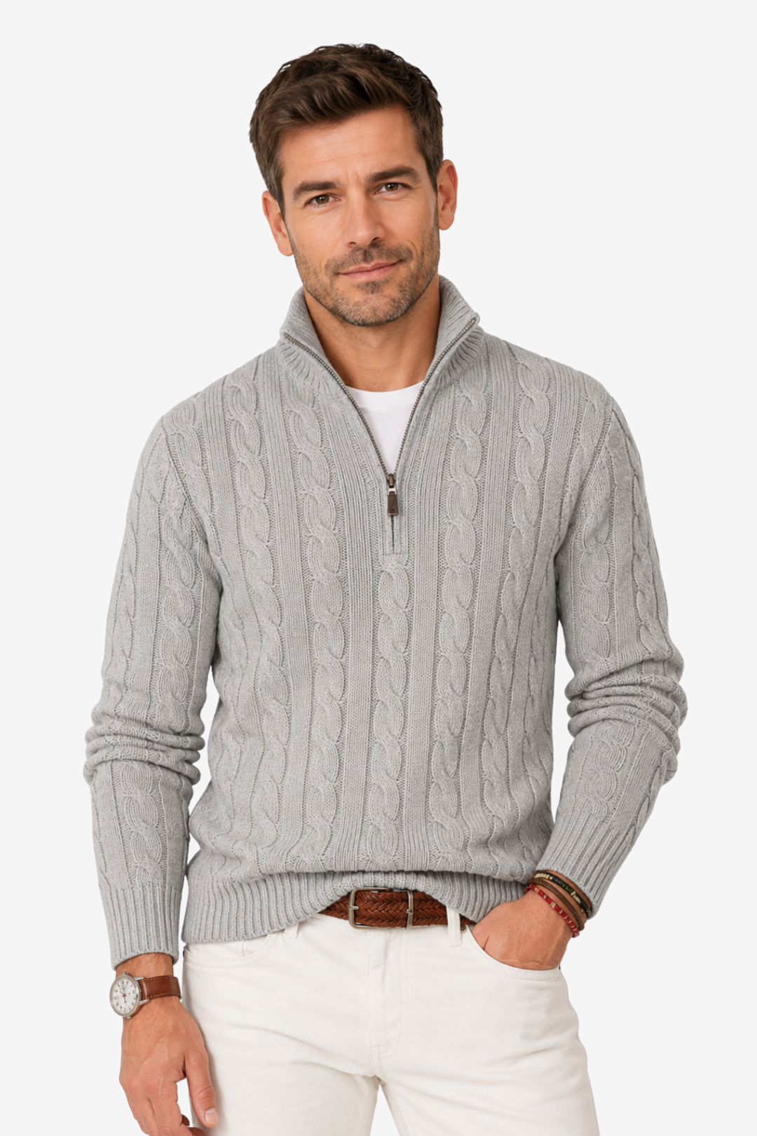 VALERIQUE | Pull en Maille Torsadée pour Homme – Col Montant Fermeture Quart de Zip