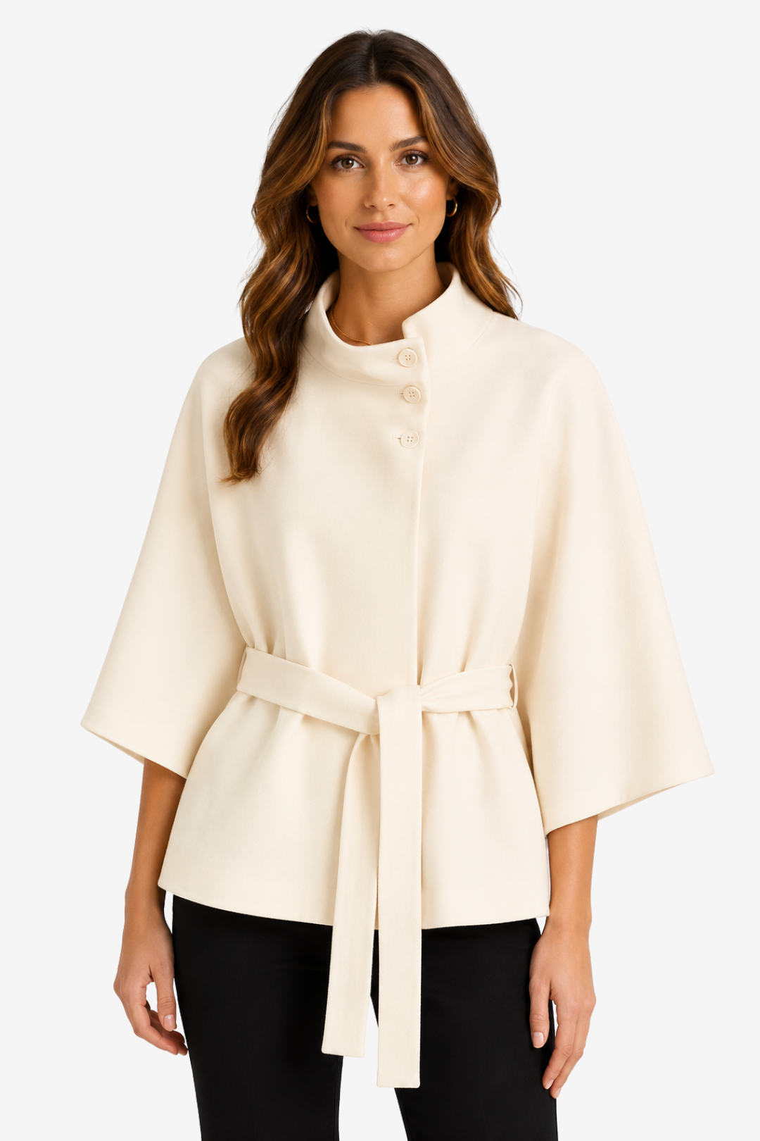 VALERIQUE | Manteau Cape Ceinturé pour Femme – Col Haut Manches Larges Design Structuré