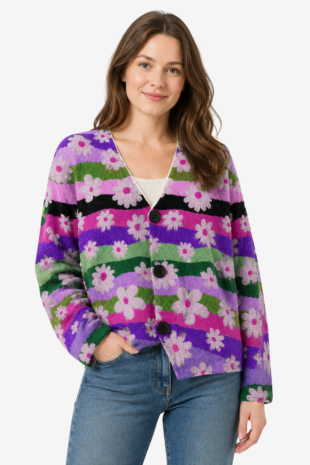 VALERIQUE | Cardigan Fleuri pour Femme – Col en V Fermeture Boutonnée Design Décontracté
