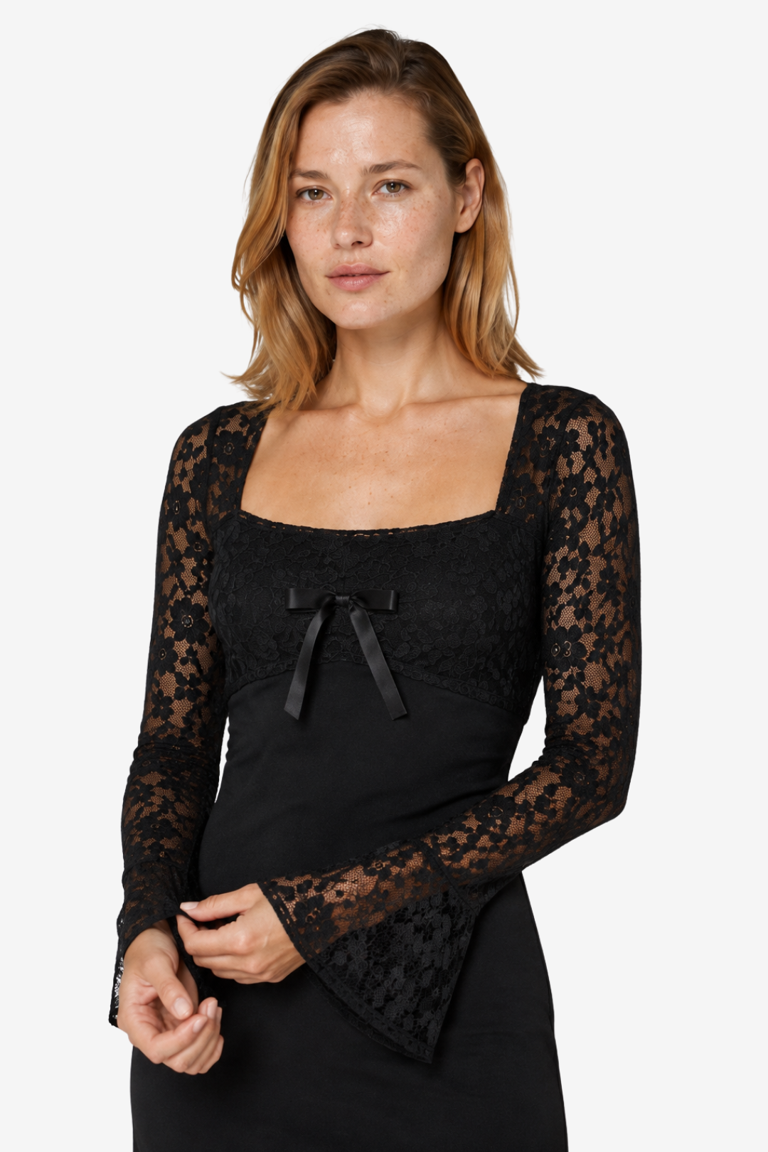 VALERIQUE | Femme Robe courte coupe ajustée manches longues dentelle style fluide