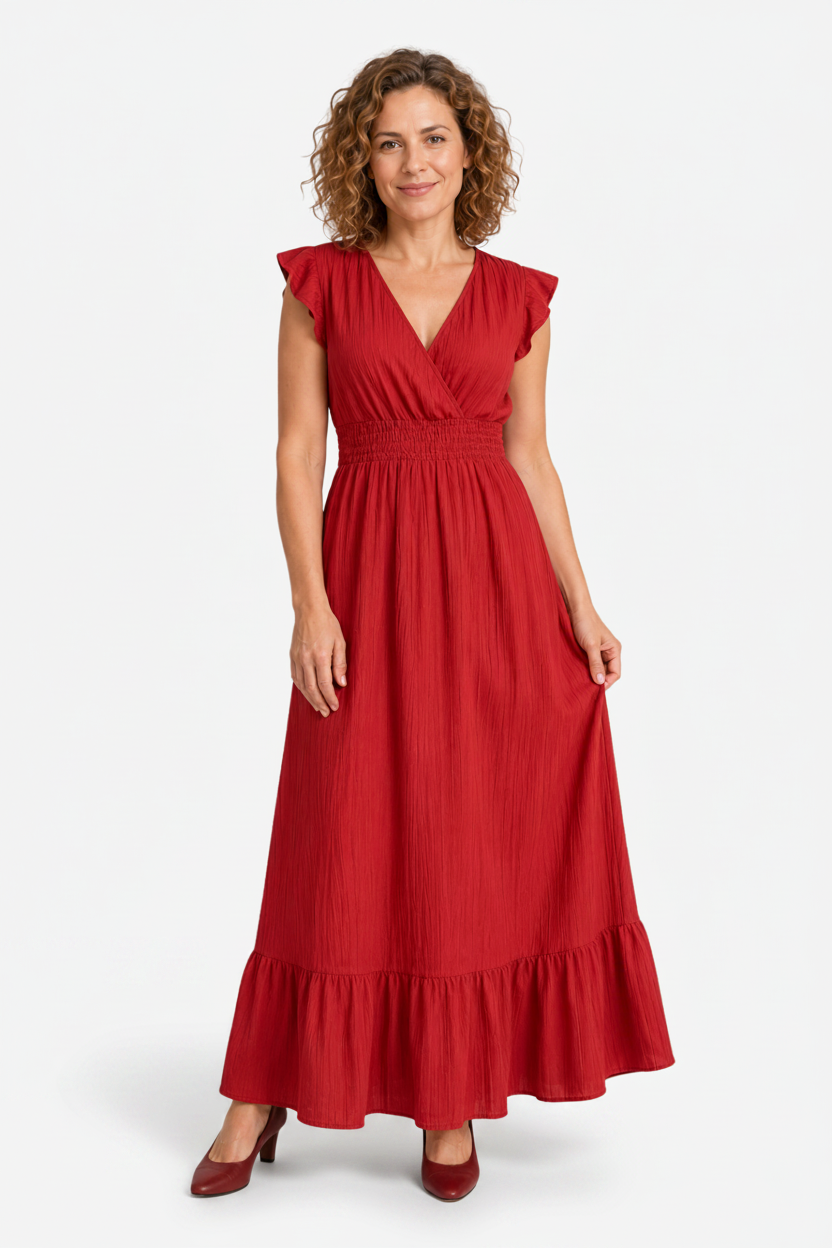 VALERIQUE | Robe longue vert sauge à col cache-cœur et manches courtes volantées pour usage quotidien
