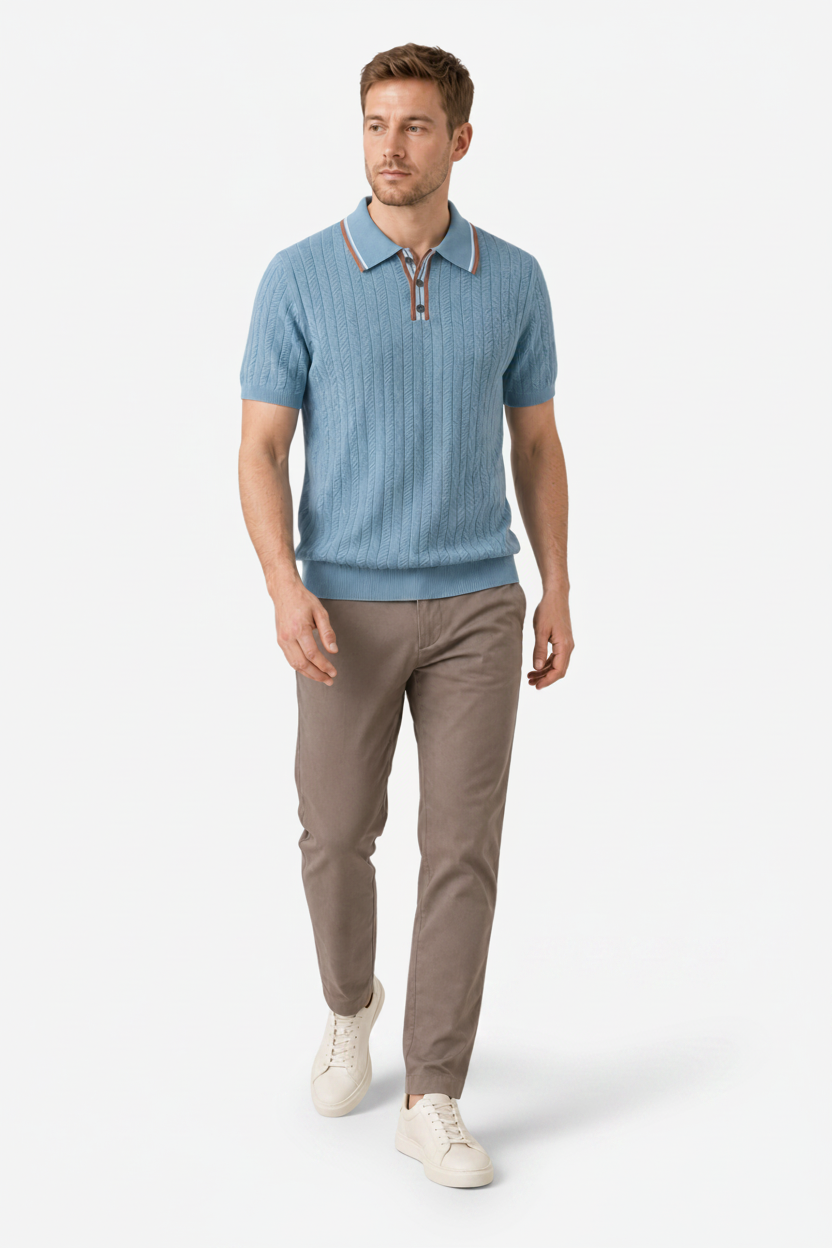 VALERIQUE | Polo Texturé en Maille Légère en Coton pour Homme – Col Contrasté Décontracté