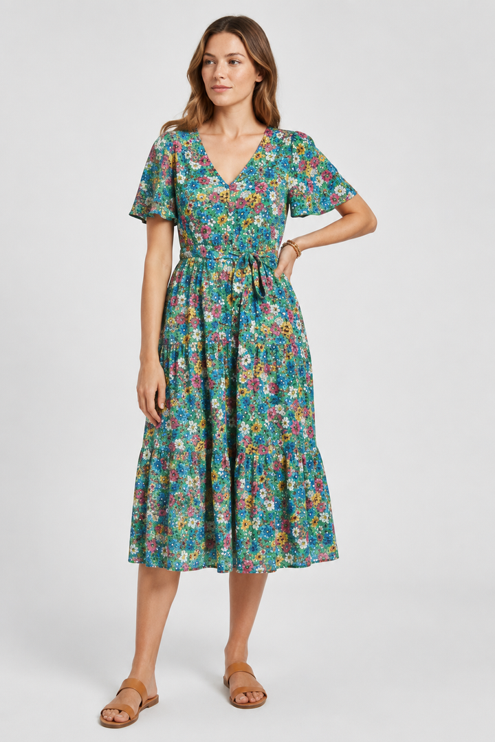VALERIQUE | Robe Midi Fleurie pour Femme – Manches Courtes et Boutonnée