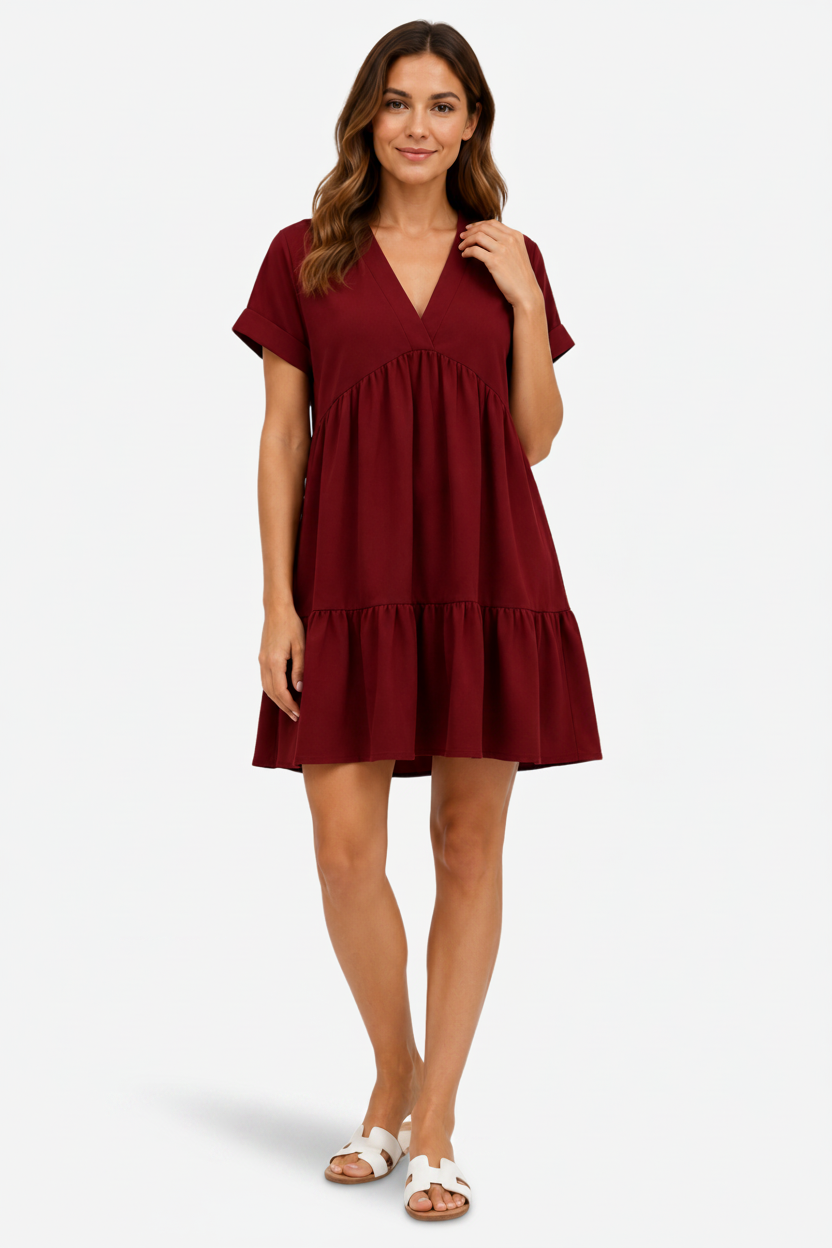 VALERIQUE | Robe Ample Col V pour Femme – Manches Courtes et Froncée