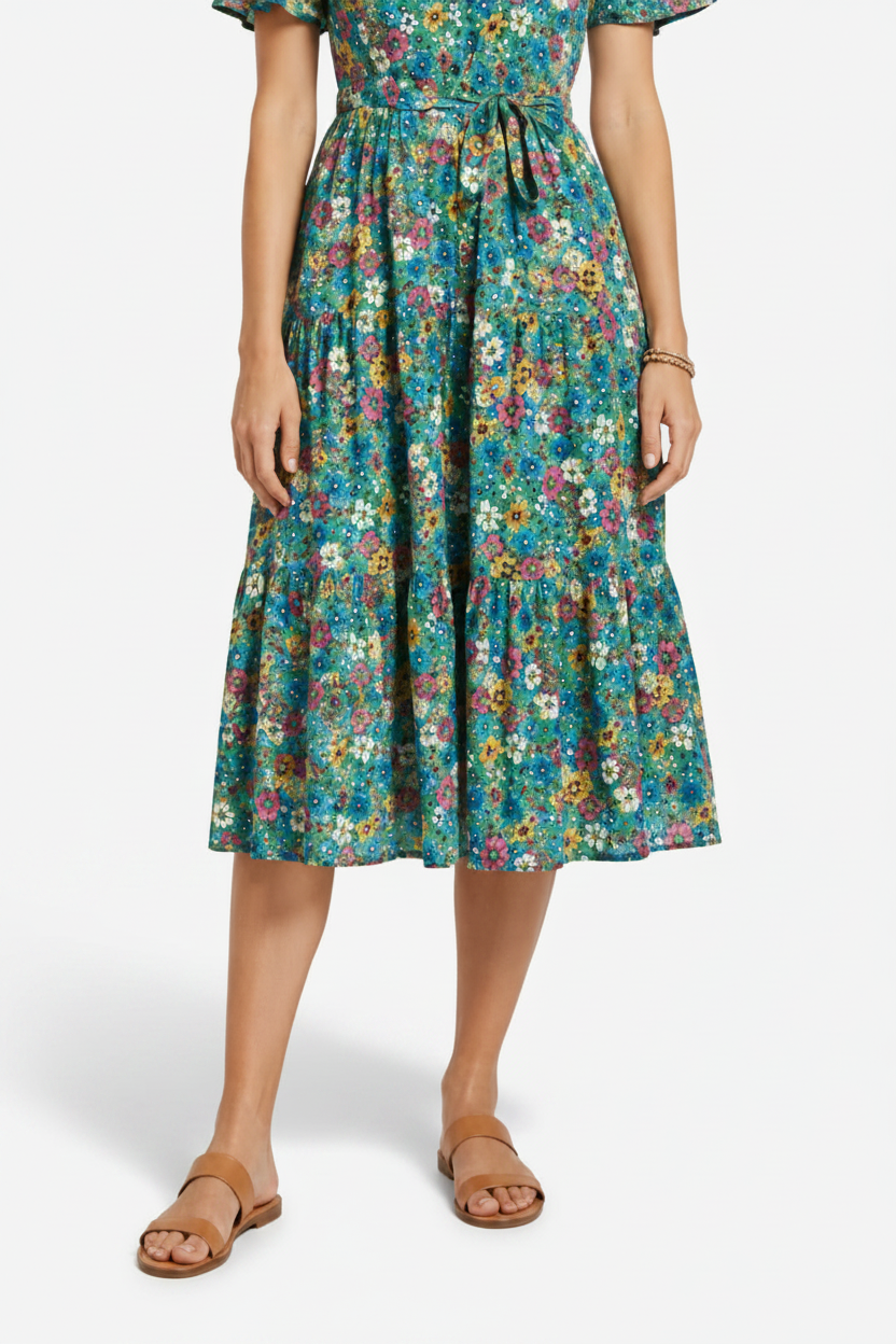 VALERIQUE | Robe Midi Fleurie pour Femme – Manches Courtes et Boutonnée
