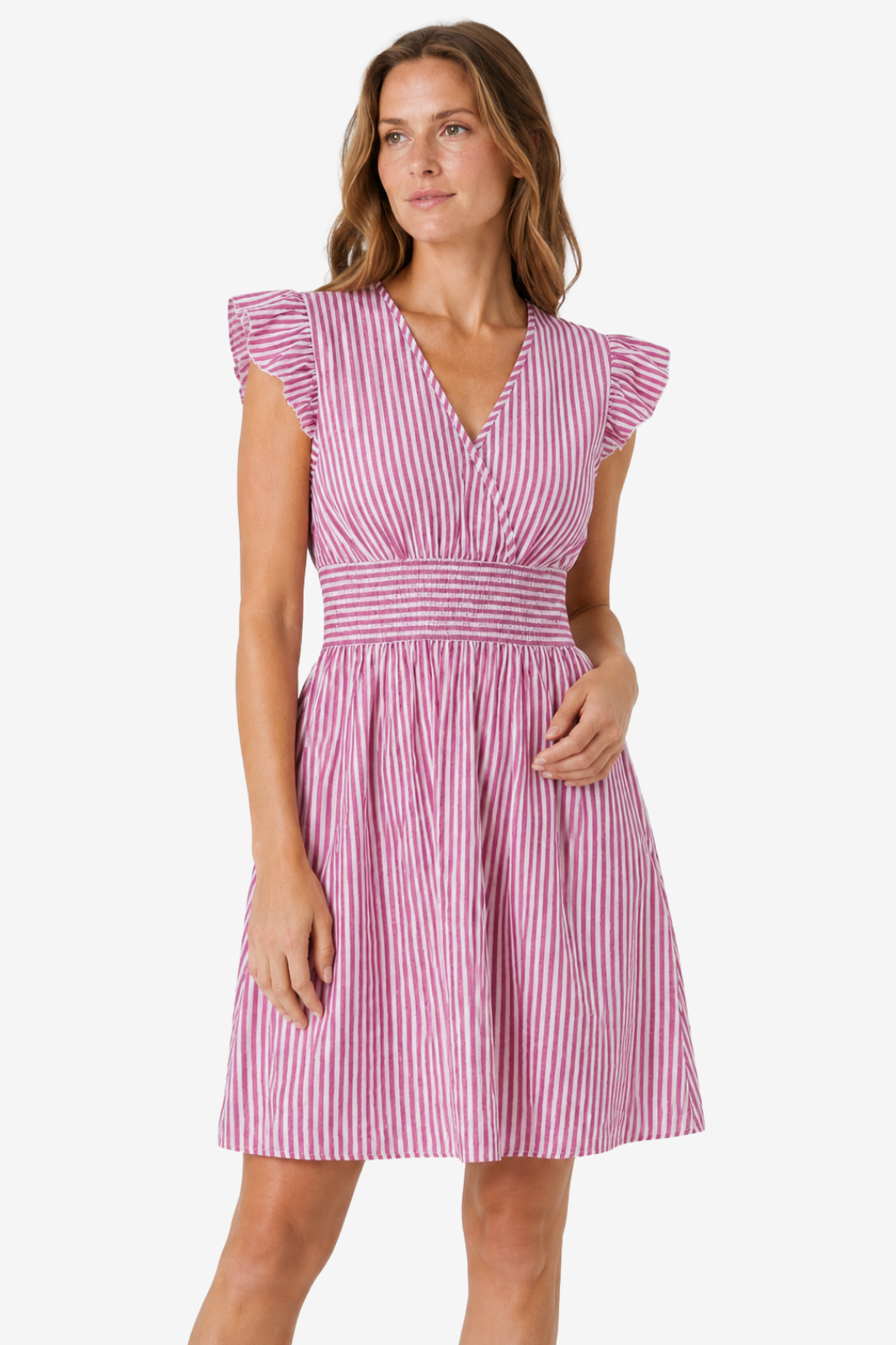 VALERIQUE | Femme Robe Décontractée à Rayures en Mélange de Coton, Col en V Profond, Manches Volantées
