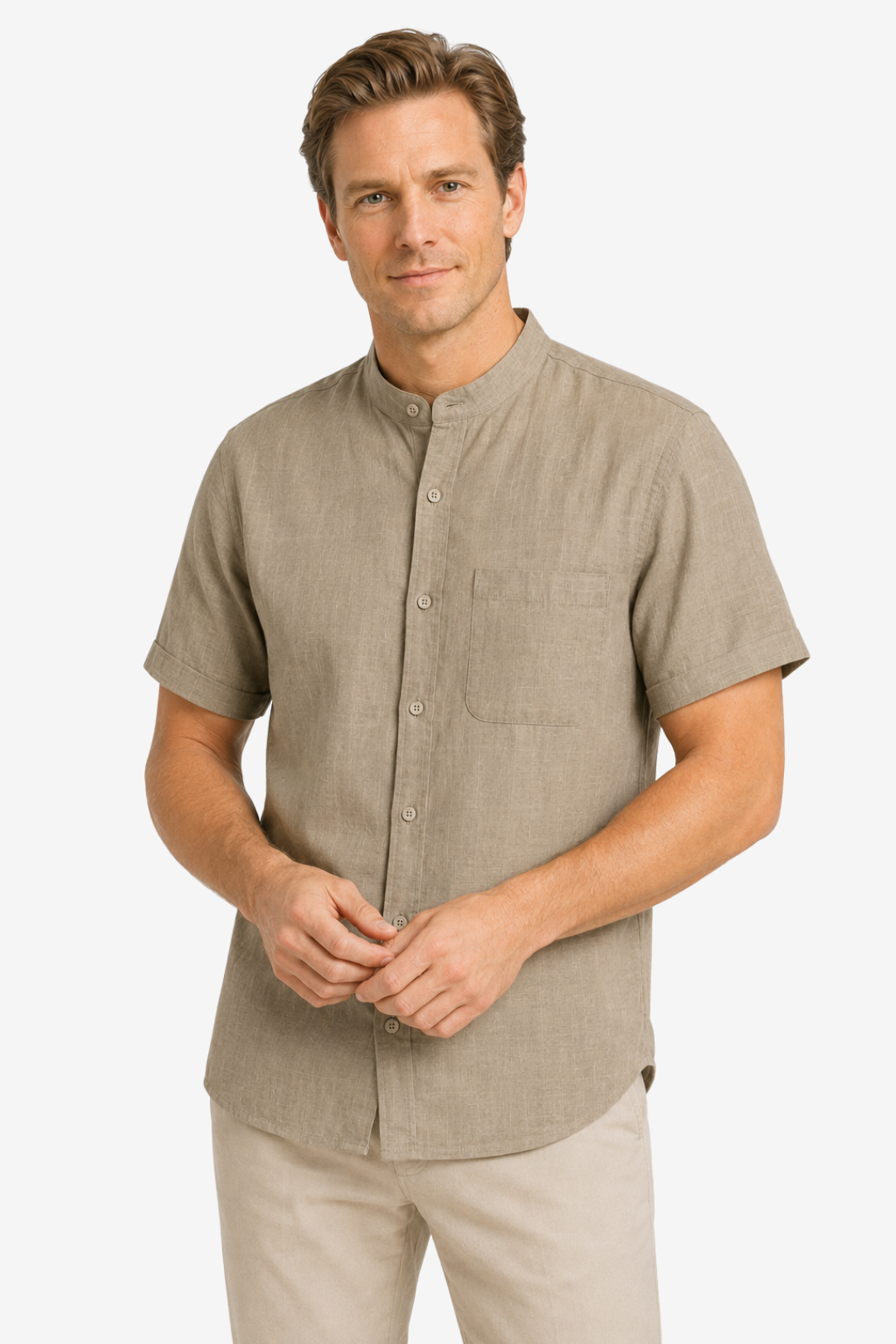 VALERIQUE | Homme chemise sauge en lin à manches courtes avec col officier et fermeture boutonnée pour usage quotidien