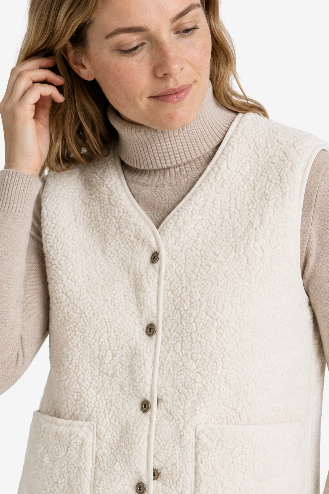 VALERIQUE | Gilet sans manches boutonné pour femme – Finition polaire texturée avec poches plaquées