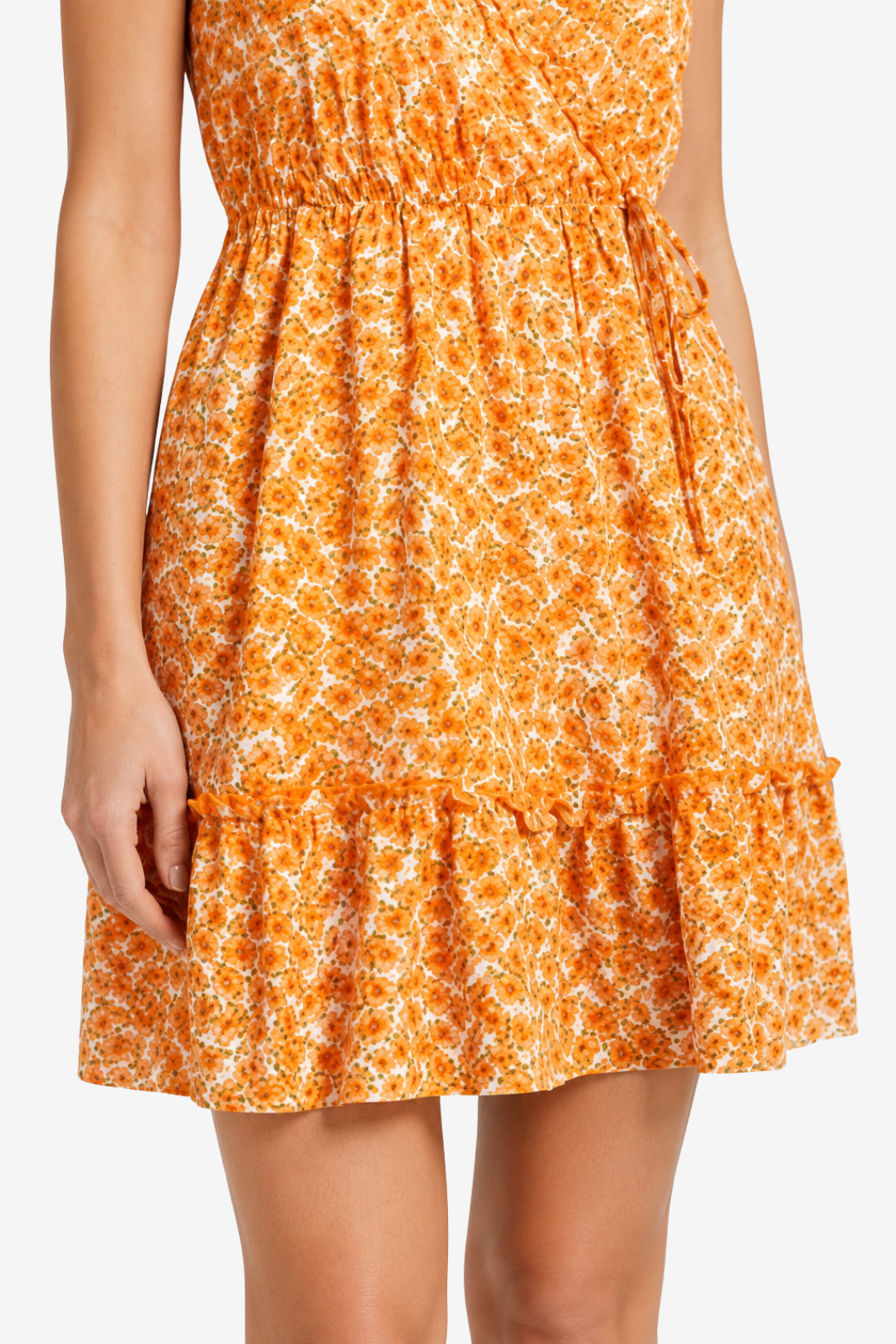 VALERIQUE | Femme Robe Enveloppante Décontractée en Mélange de Coton Orange et Jaune, Bretelles Ajustables, Taille Marquée