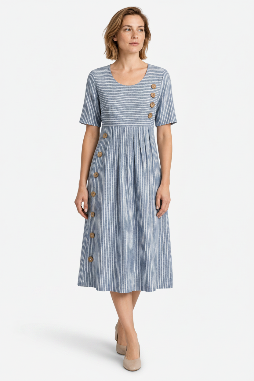 VALERIQUE | Femme Robe en lin coupe évasée manches courtes style décontracté