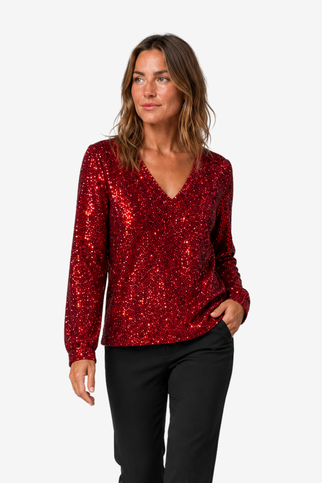 VALERIQUE | Blouse à sequins pour femme à manches longues – Col en V et sequins sur toute la surface