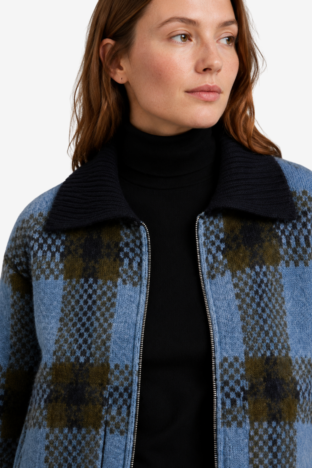 VALERIQUE | Veste Zippée Tricotée à Carreaux pour Femme – Col Revers