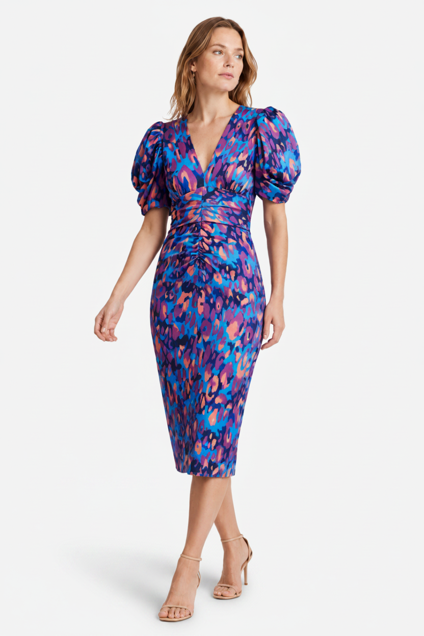 VALERIQUE | Robe Midi en Coton Léger Imprimé pour Femme – Manches Plissées