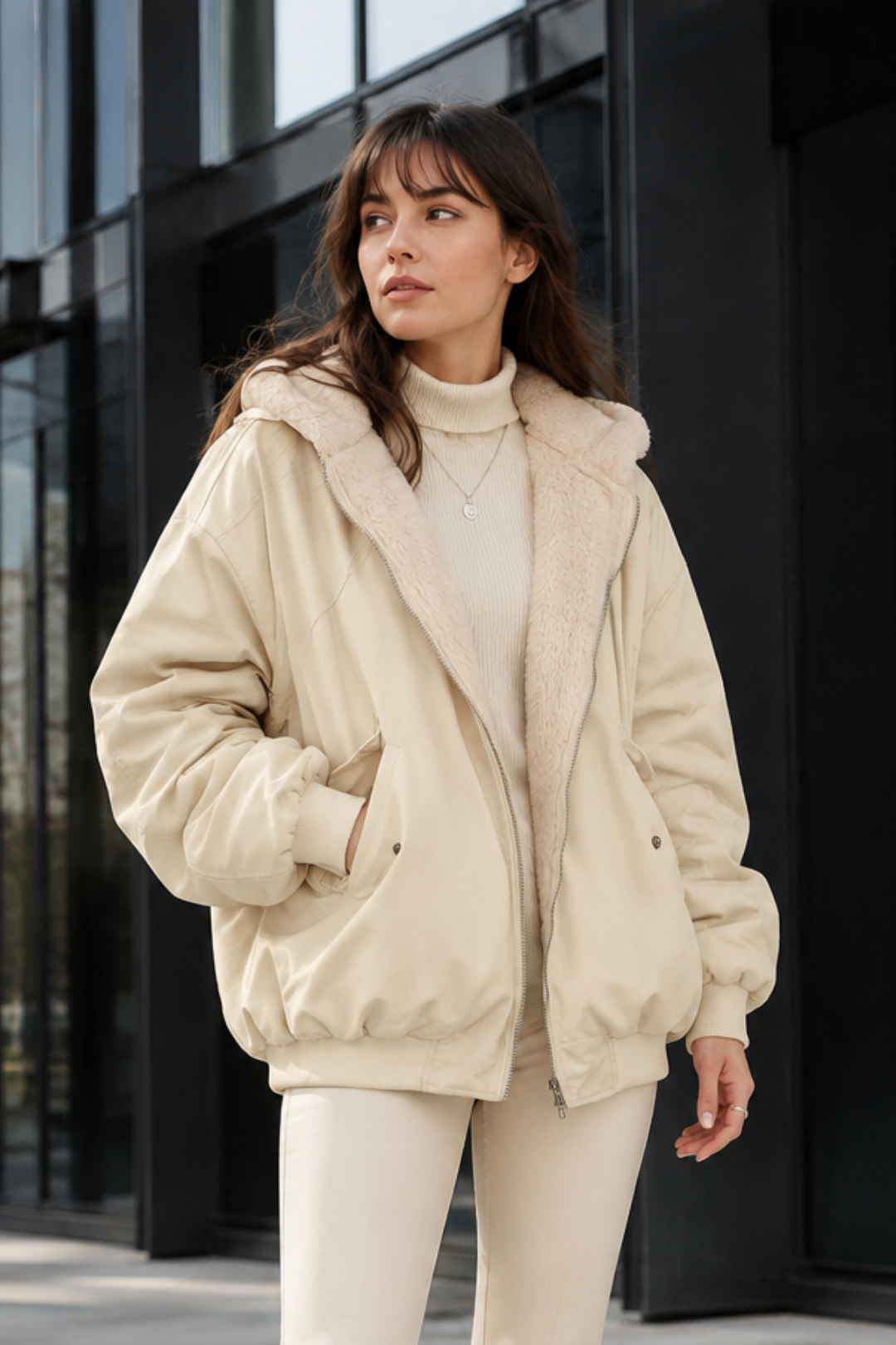 VALERIQUE | Veste Double Couche pour Femme – Capuche Doublure Pelucheuse Design Décontracté
