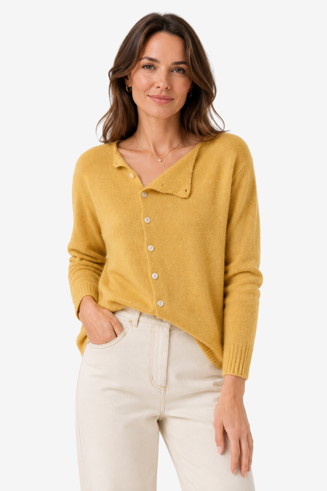 VALERIQUE | Cardigan Boutonné pour Femme – Encolure Asymétrique Maille Décontractée