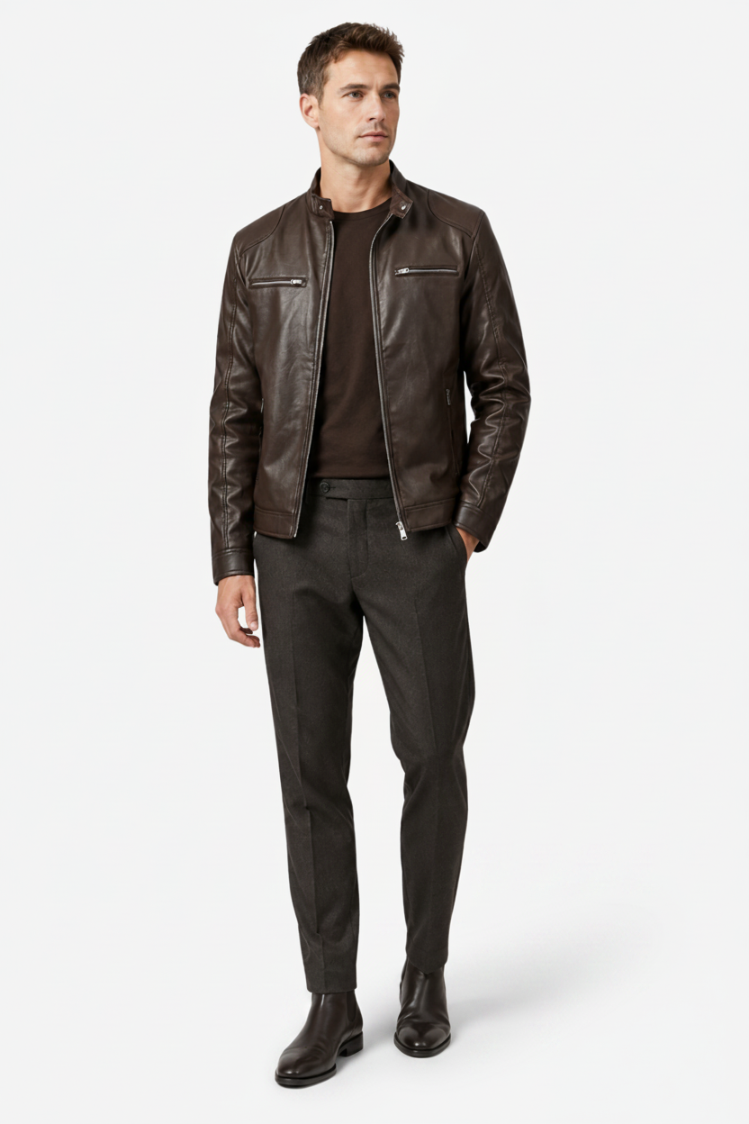VALERIQUE | Homme Veste en cuir coupe ajustée col montant style moderne