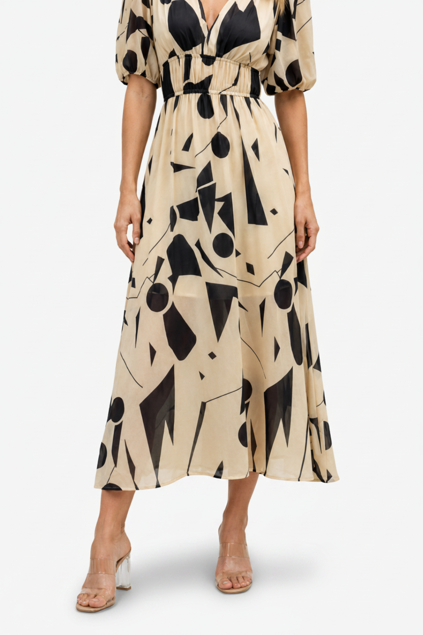 VALERIQUE | Robe Maxi Géométrique pour Femme – Manches Bouffantes