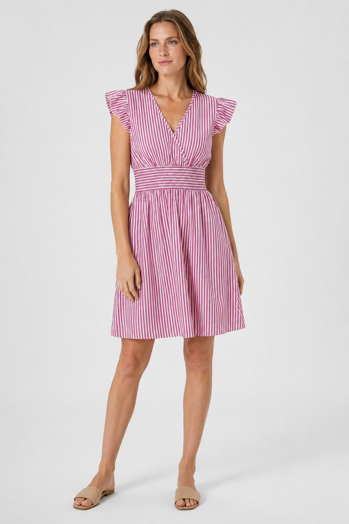 VALERIQUE | Femme Robe Décontractée à Rayures en Mélange de Coton, Col en V Profond, Manches Volantées