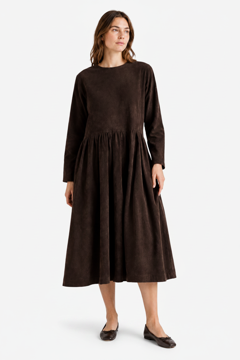 VALERIQUE | Robe Midi Plissée pour Femme – Col Rond Coupe Décontractée Manches Longues