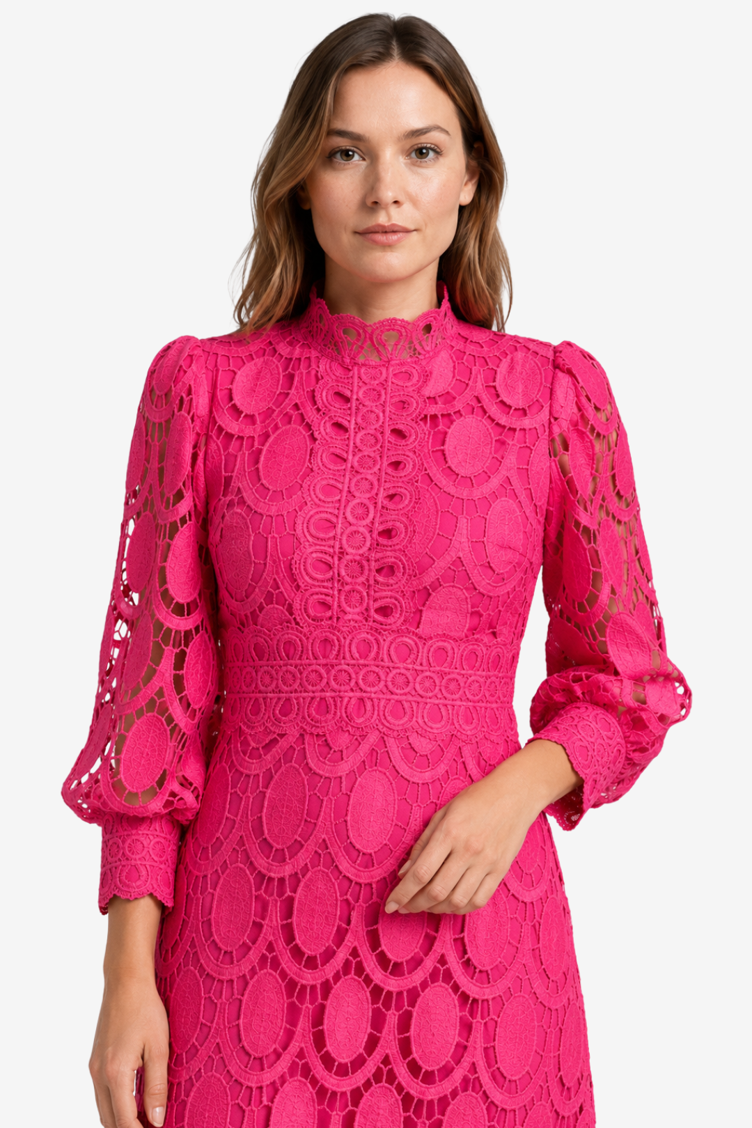 VALERIQUE | Robe Midi en Dentelle pour Femme – Col Haut et Manches Longues