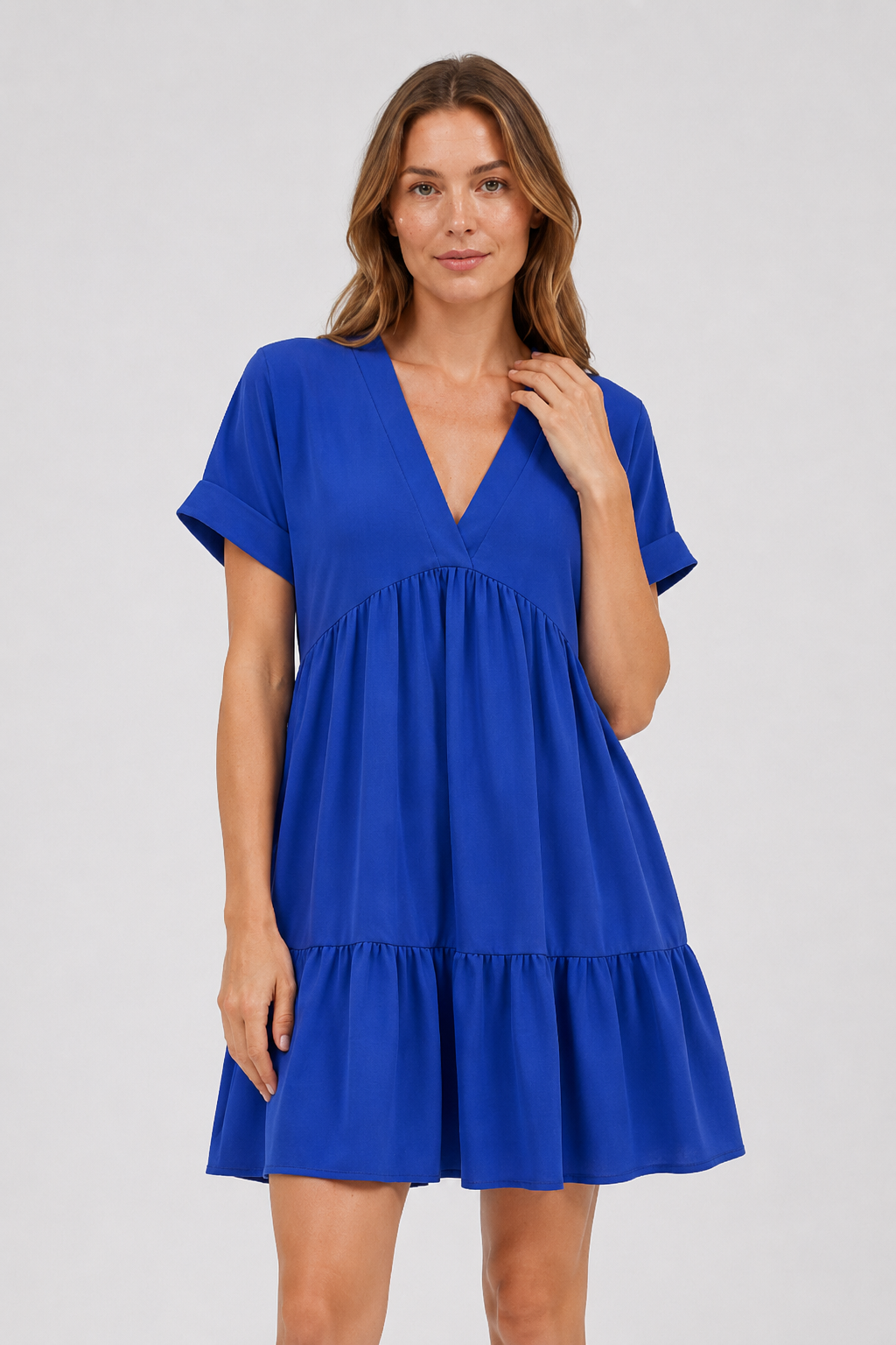 VALERIQUE | Robe Ample Col V pour Femme – Manches Courtes et Froncée