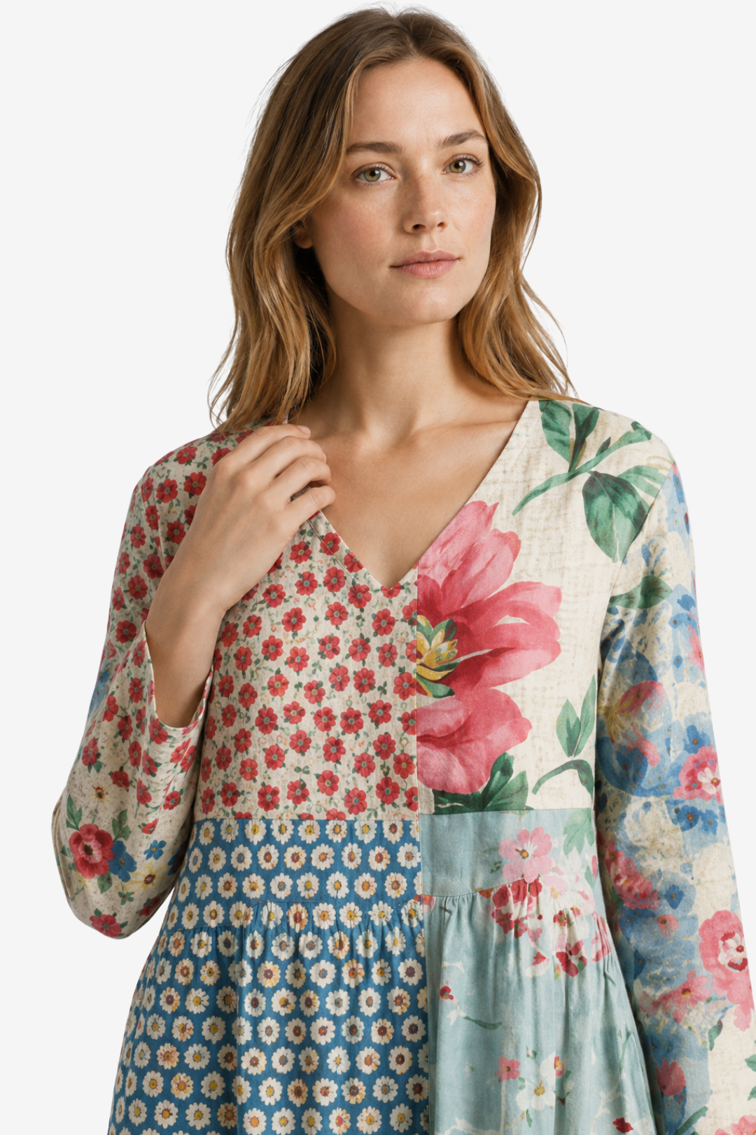 VALERIQUE | Femme Robe A-Line Patchwork Fleurie pour- Bleu Clair