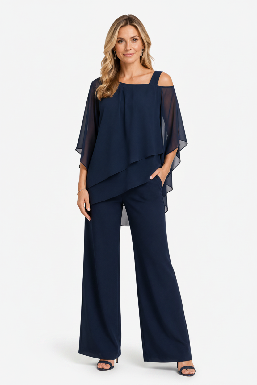 VALERIQUE | Ensemble Deux Pièces pour Femme – Haut Superposé Asymétrique Pantalon Large Design Élégant
