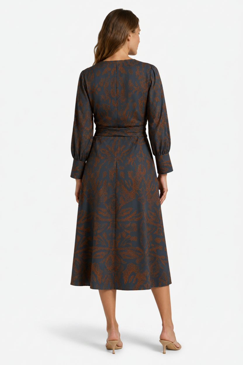 VALERIQUE | Robe Midi à Col V pour Femme – Manches Longues et Détail Noué