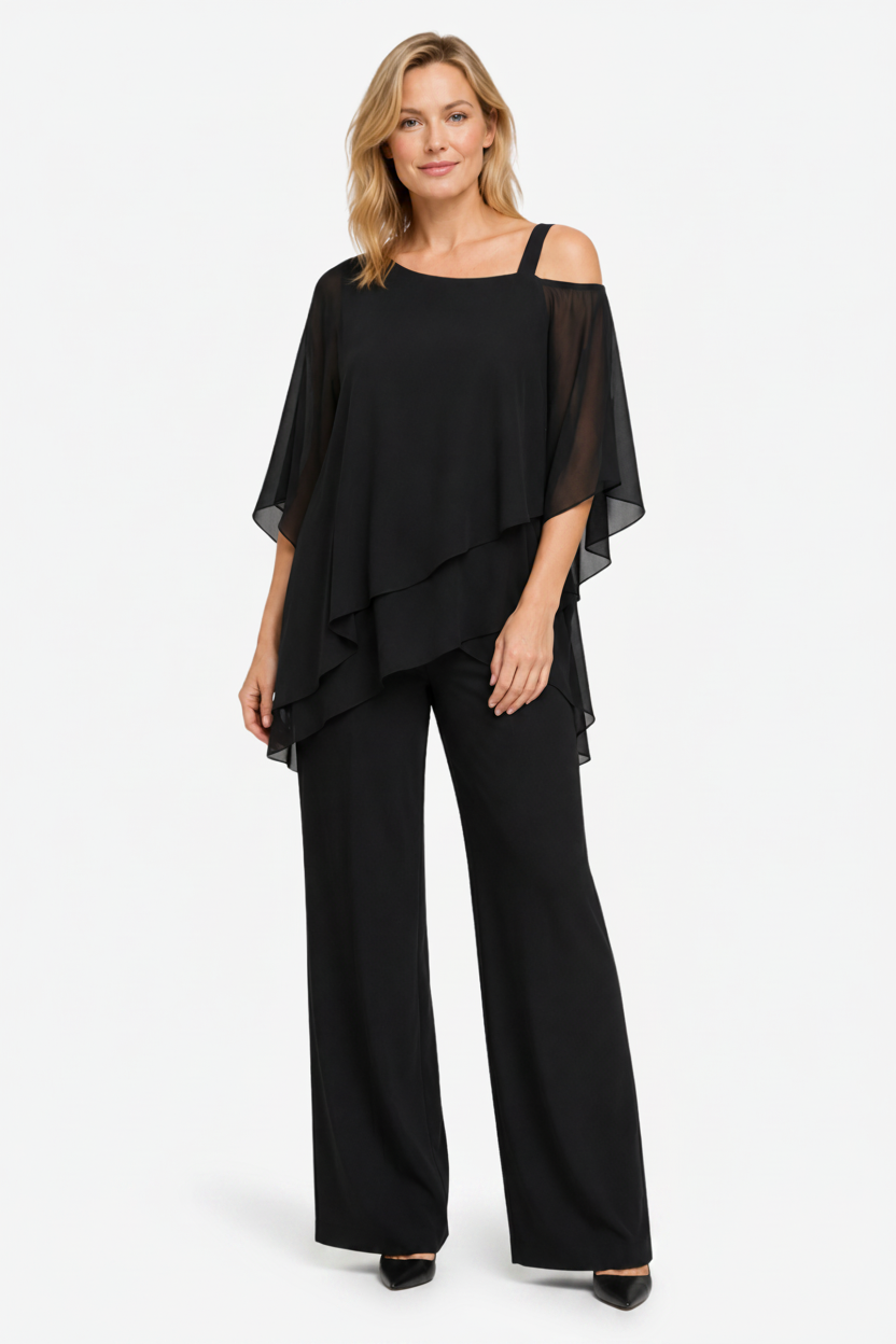 VALERIQUE | Ensemble Deux Pièces en Mousseline pour Femme – Haut Asymétrique et Pantalon Large