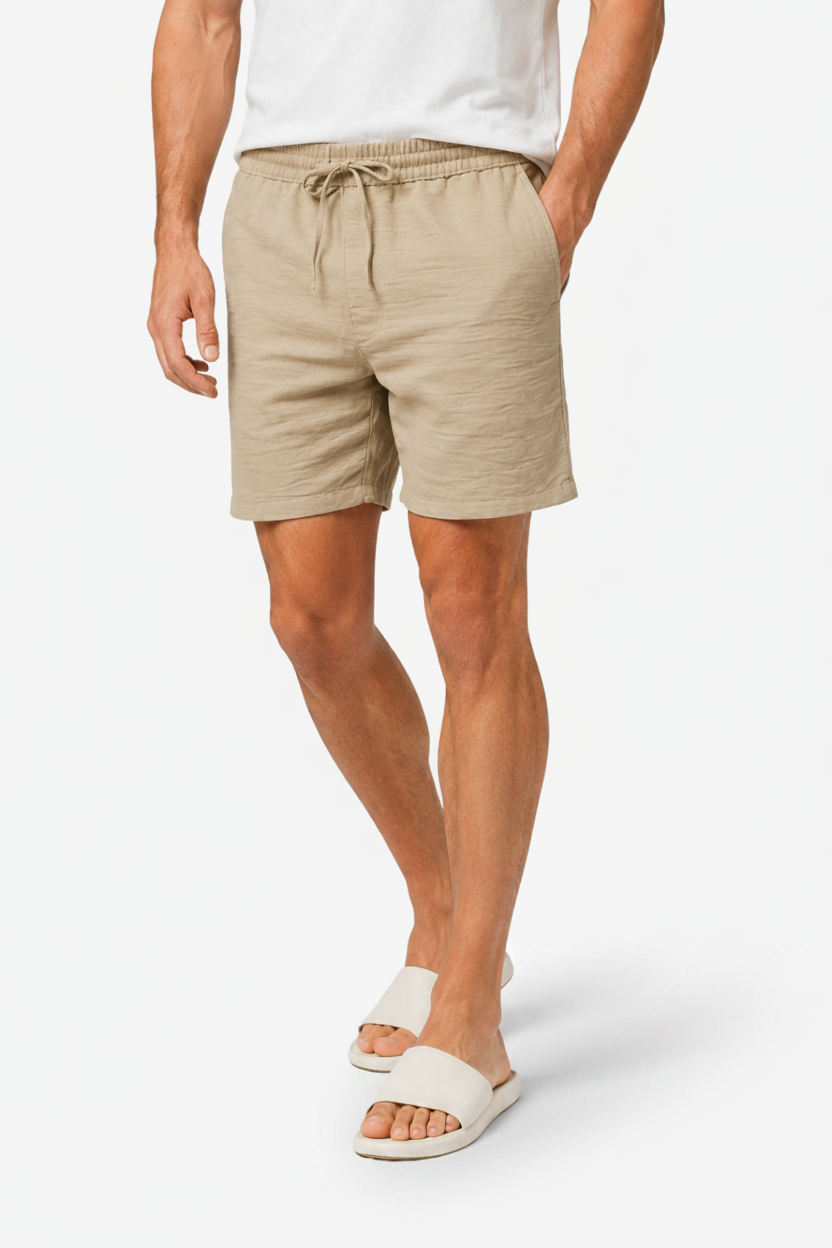 VALERIQUE | Homme Short Décontracté en Mousseline Beige - Taille Élastiquée avec Cordon de Serrage, Poches Latérales