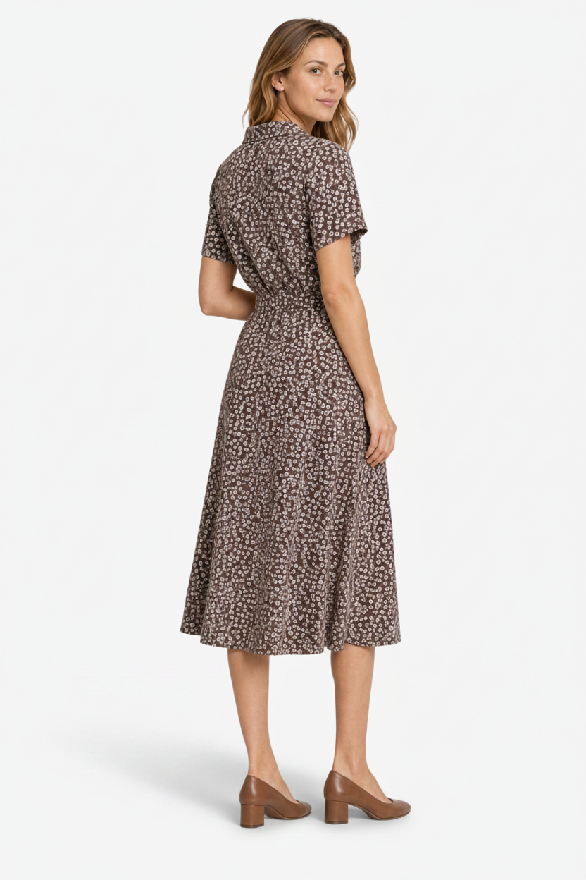 VALERIQUE | Femme Robe midi imprimé floral coupe évasée manches courtes style décontracté