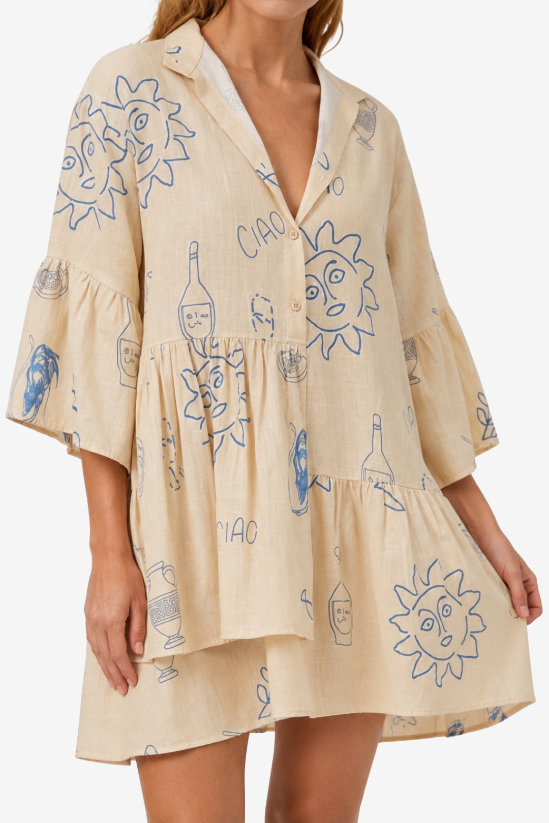 VALERIQUE | Femme Robe Décontractée A-Line en Mélange de Coton Beige, Imprimé, Manches Larges à Volants