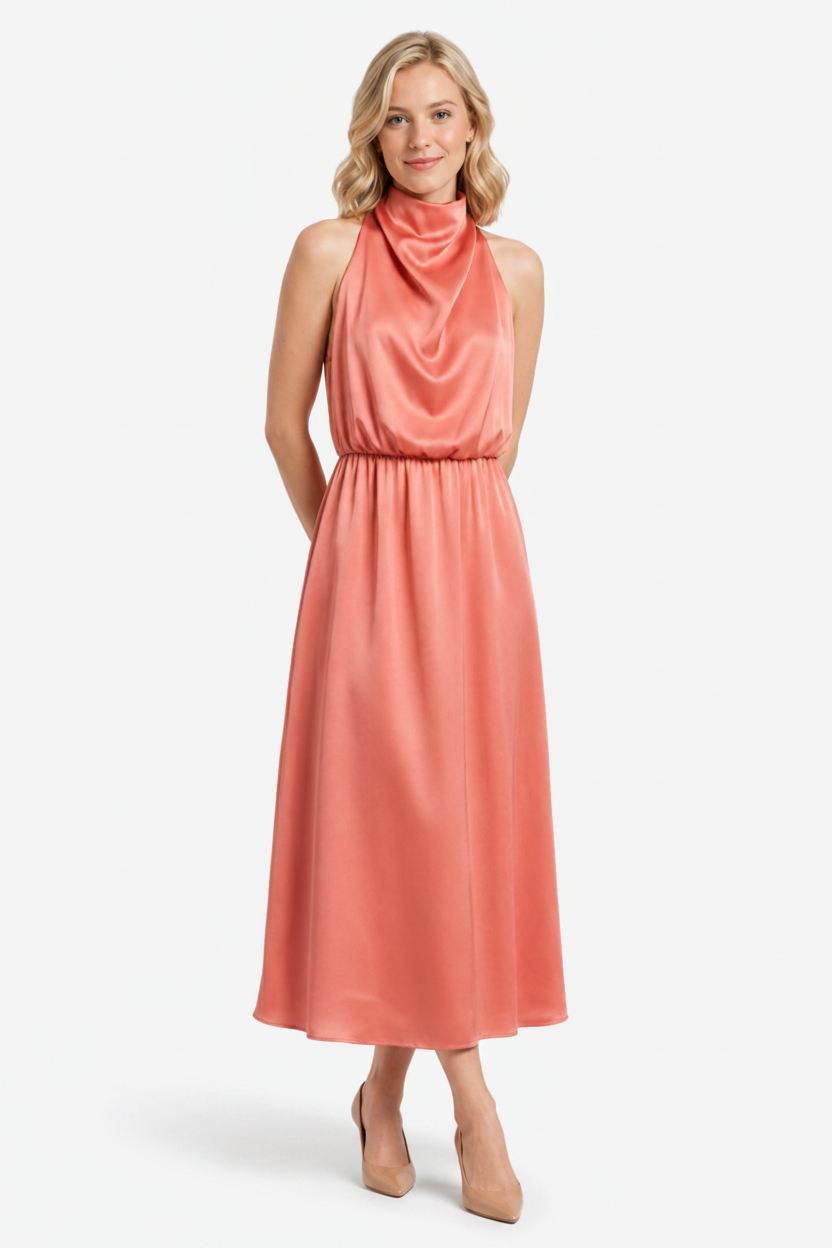 VALERIQUE | Femme Robe midi sans manches coupe ajustée col drapé style fluide