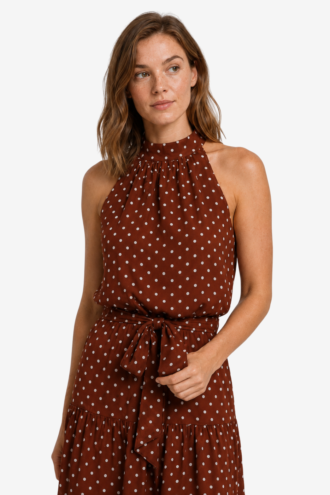 VALERIQUE | Robe Midi à Pois en Coton Léger pour Femme – Col Halter et Taille Ajustable