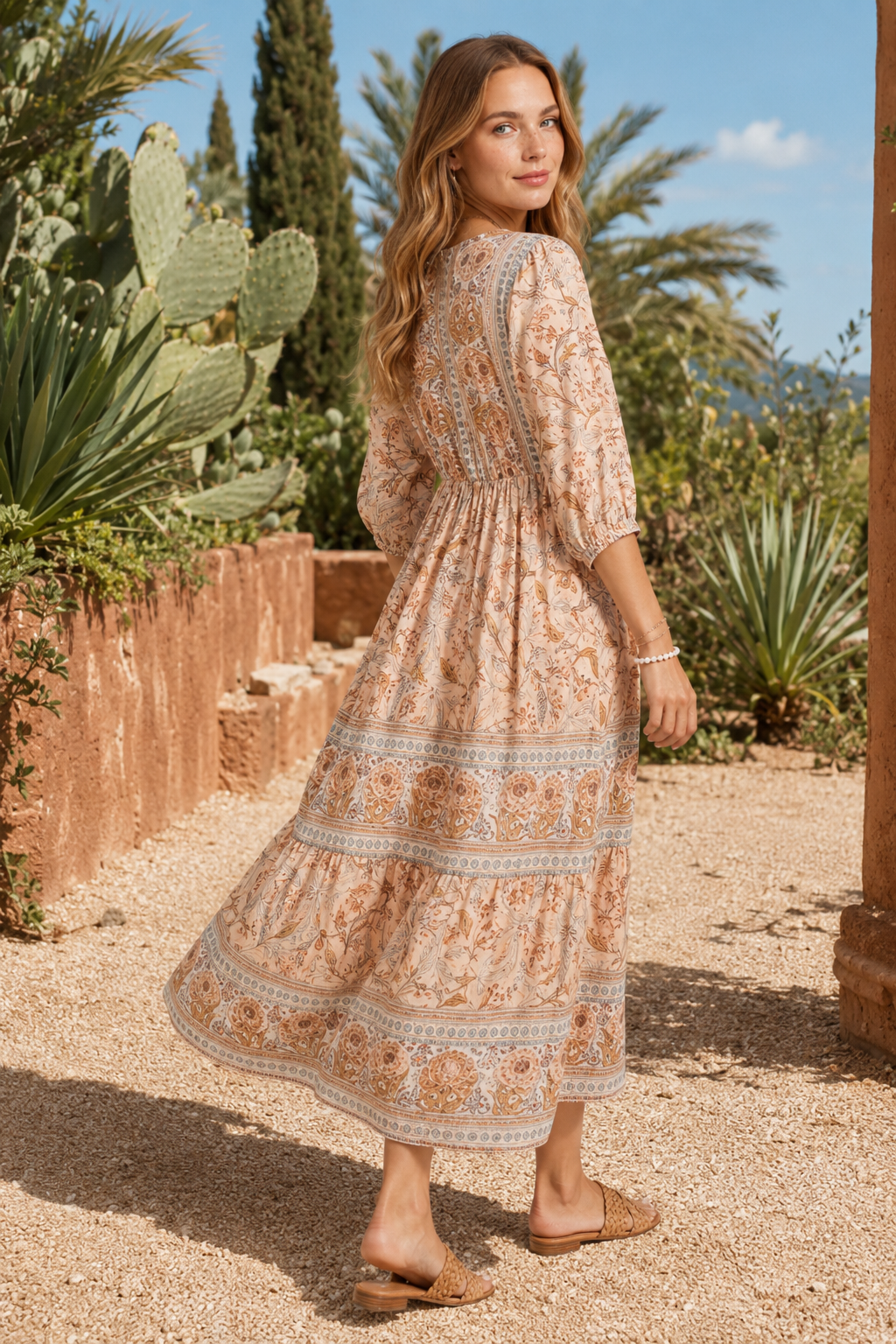 VALERIQUE | Robe Midi à Imprimé Floral pour Femme – Manches 3/4 et Col V