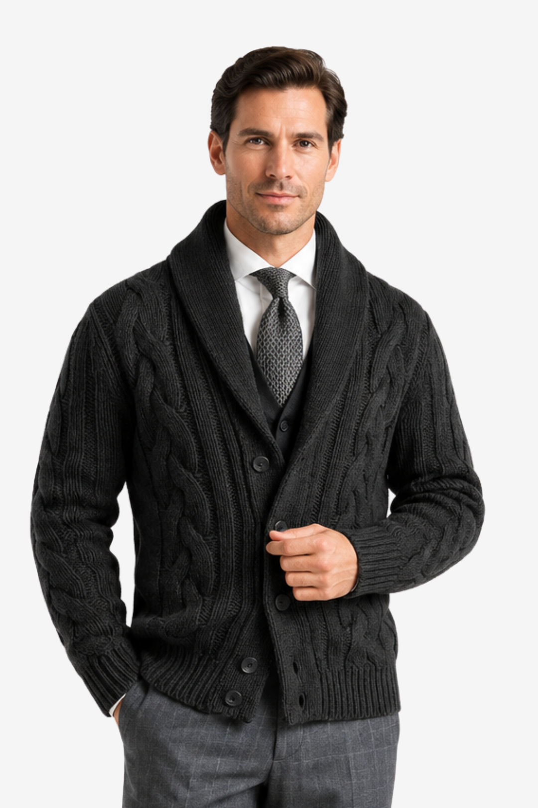 VALERIQUE | Cardigan en Maille Torsadée pour Homme – Col Châle Fermeture Boutonnée