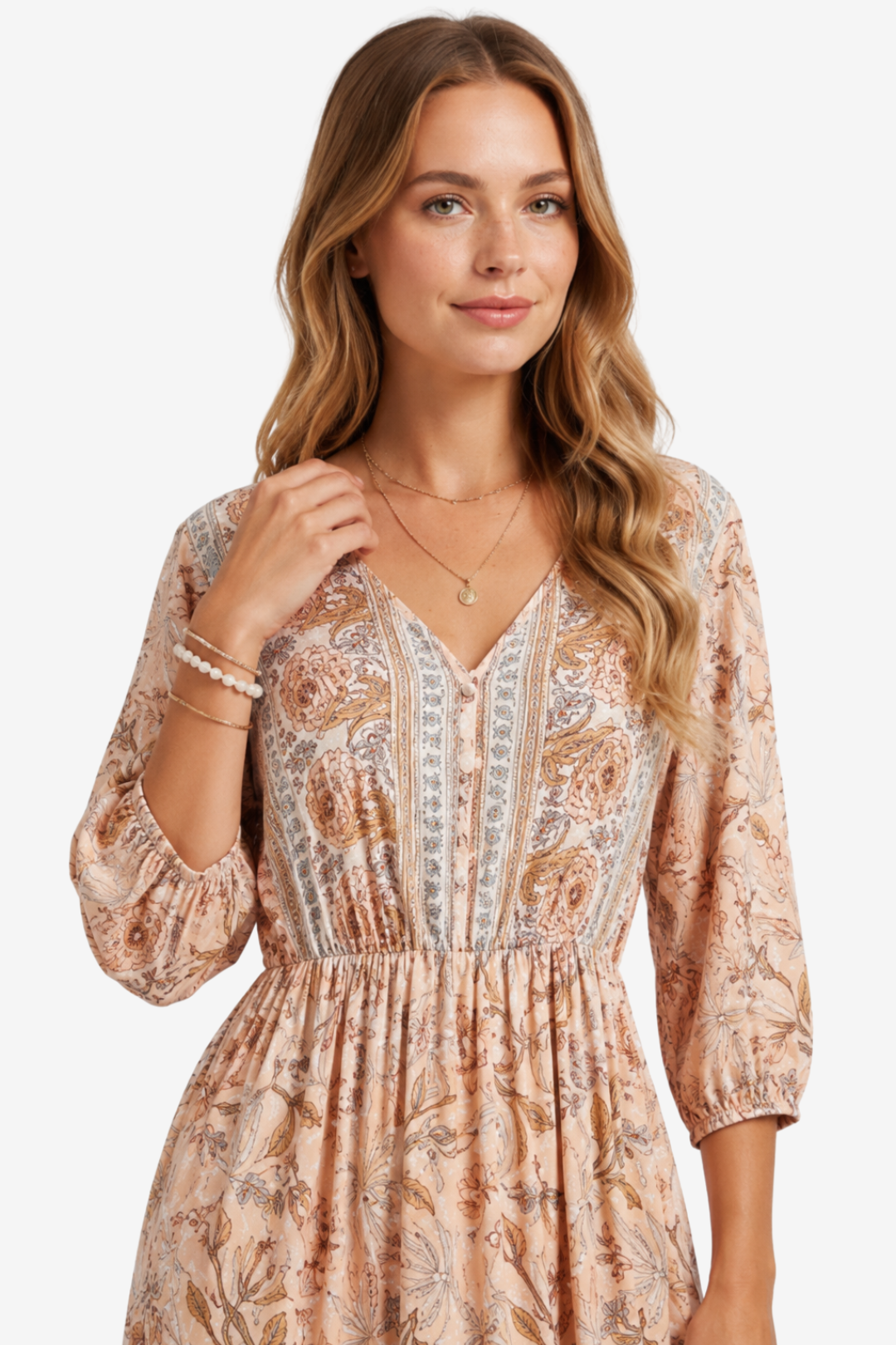 VALERIQUE | Robe Midi à Imprimé Floral pour Femme – Manches 3/4 et Col V