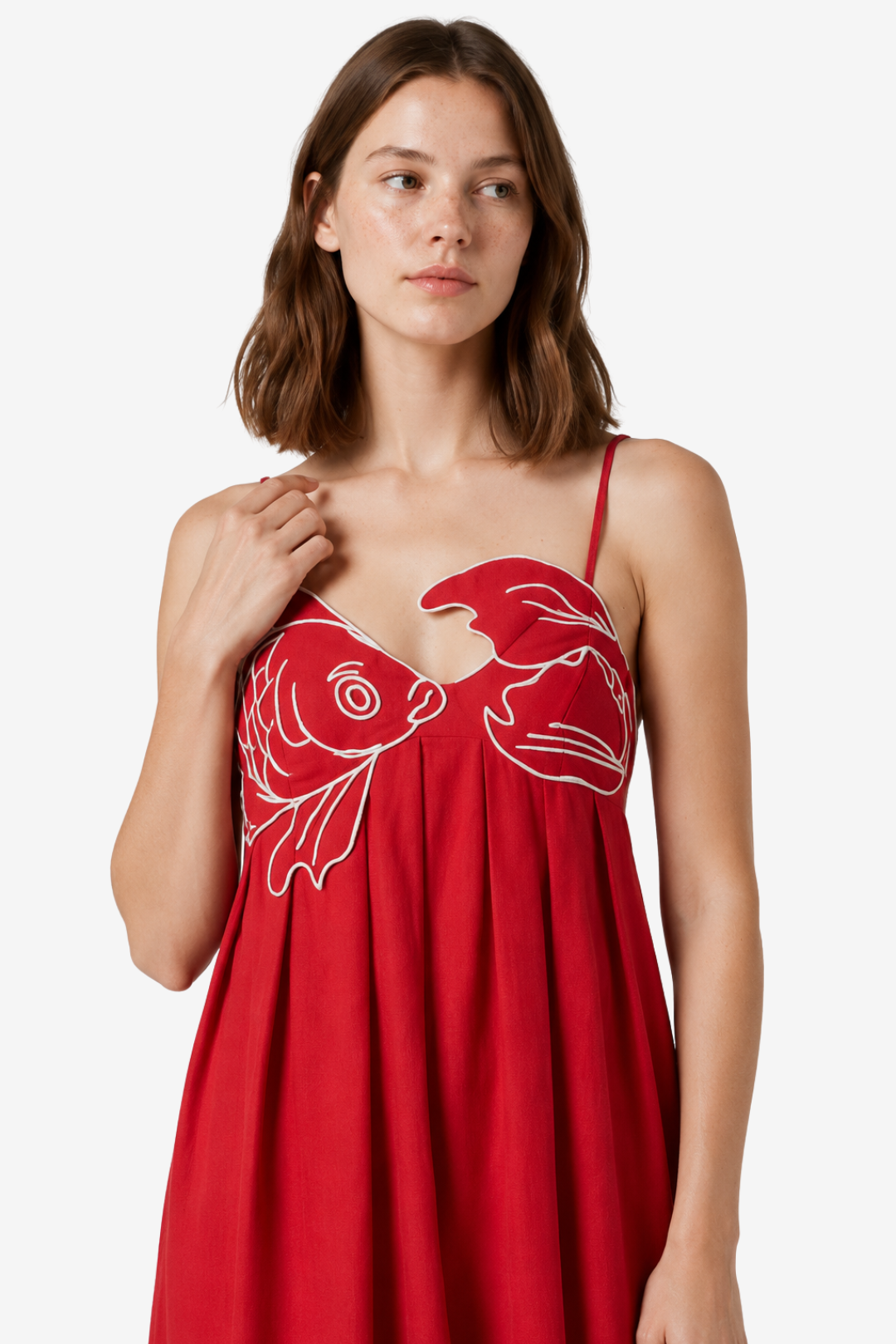 VALERIQUE | Femme Robe Maxi Décontractée en Mélange de Coton Rouge et Noir, Imprimé Poisson Blanc, Bretelles Ajustables