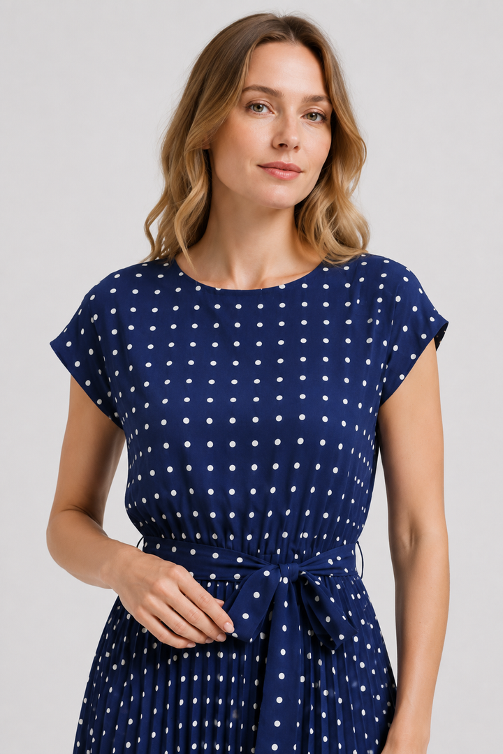 VALERIQUE | Femme Robe Décontractée A-Line en Mélange de Coton Bleu et Vert, Manches Courtes, Ceinture à Nouer
