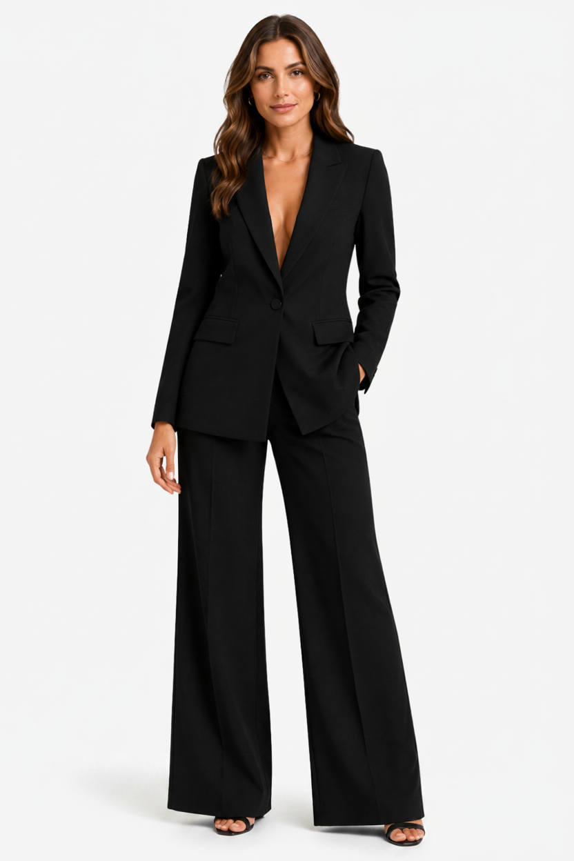 VALERIQUE | Ensemble Tailleur Deux Pièces pour Femme – Blazer à Bouton Unique Pantalon Large Design Élégant