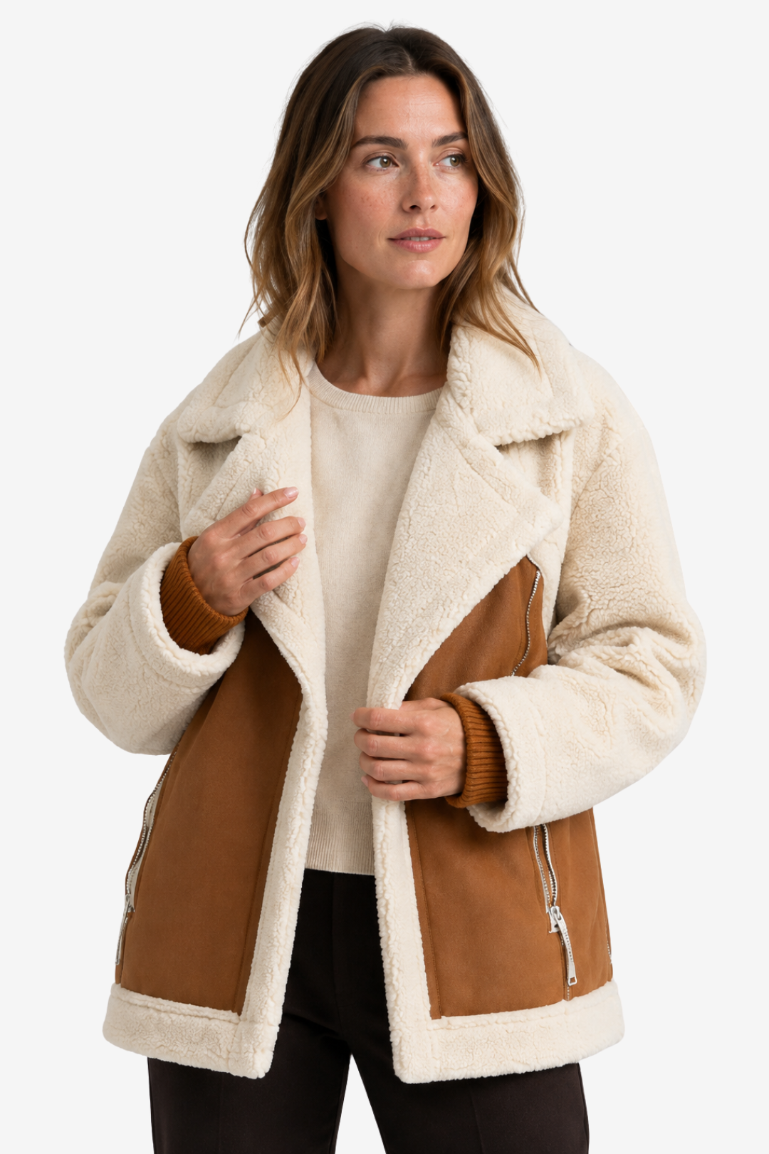 VALERIQUE | Veste Effet Peau Lainée pour Femme – Revers Oversize Panneaux Contrastants Fermeture Zippée