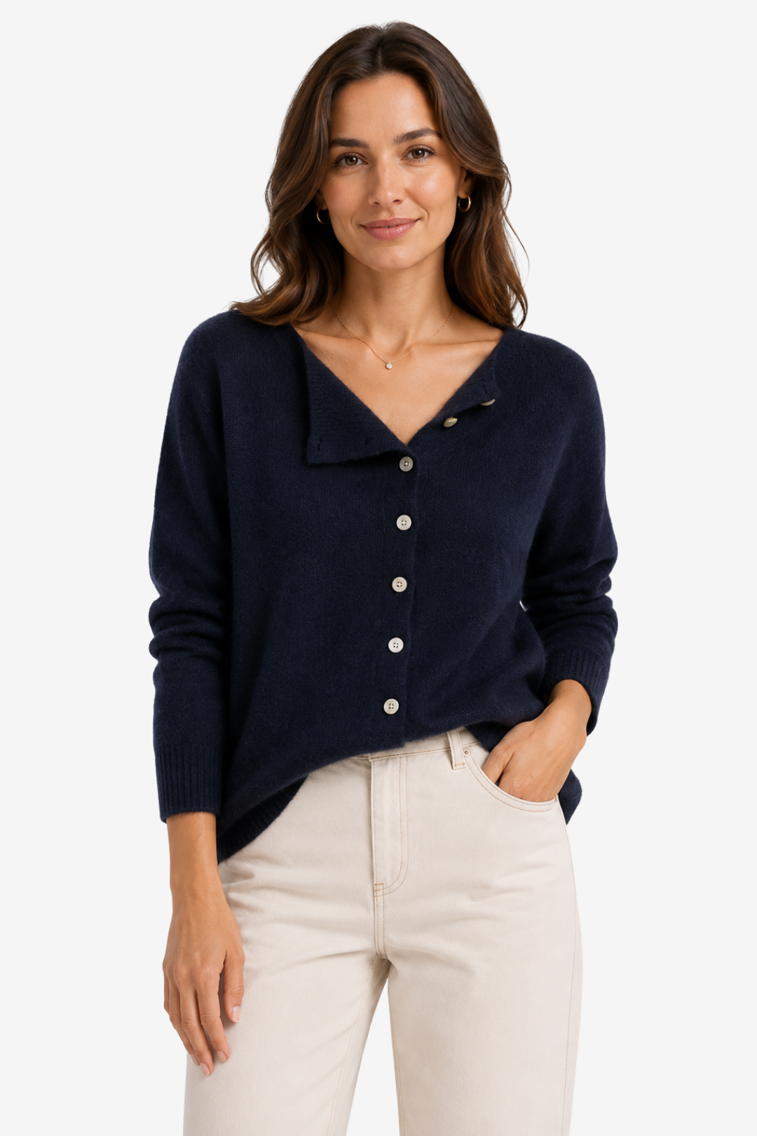 VALERIQUE | Cardigan Boutonné pour Femme – Encolure Asymétrique Maille Décontractée