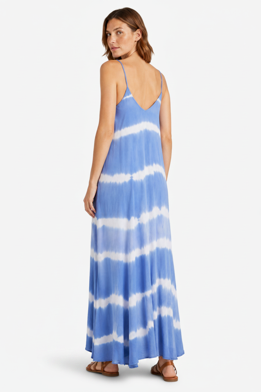 VALERIQUE | Femme Robe Maxi Décontractée Tie-Dye en Mélange de Coton Bleu et Gris, Bretelles Fines, Col en V Profond