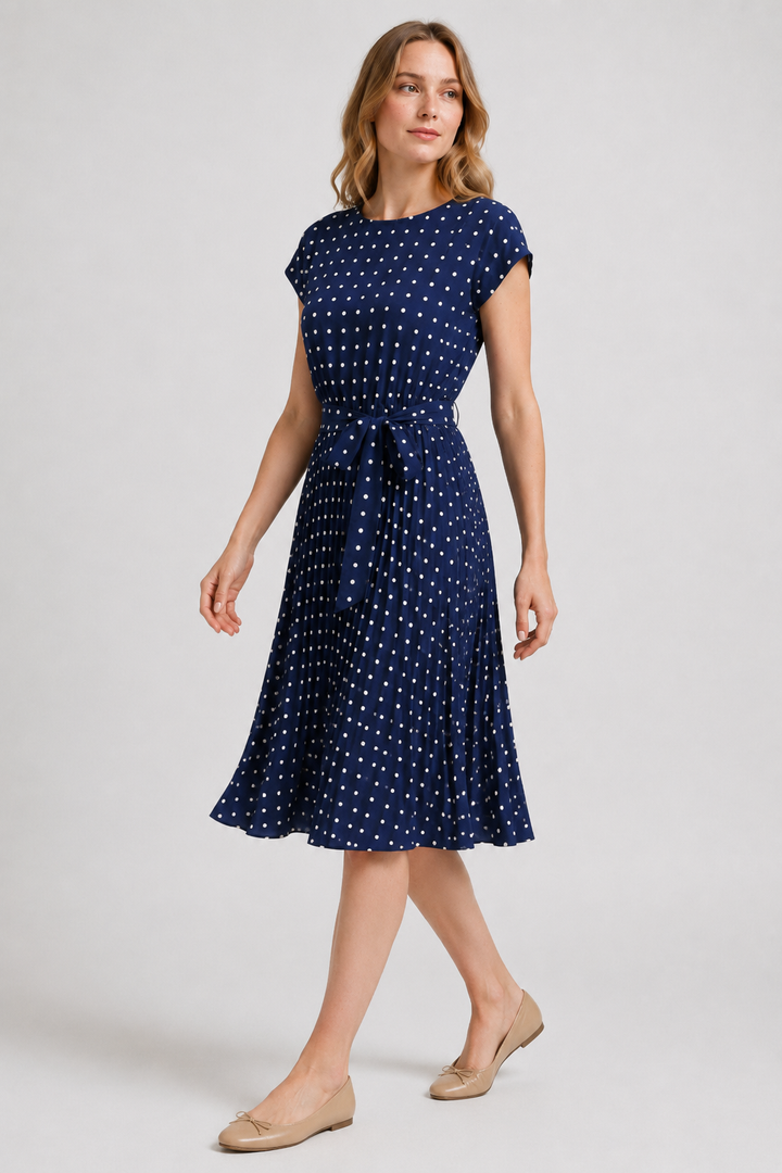 VALERIQUE | Femme Robe Décontractée A-Line en Mélange de Coton Bleu et Vert, Manches Courtes, Ceinture à Nouer